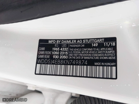 2019 Mercedes-Benz CLA with VIN WDDSJ4EB8KN749874, listed as a IAAI auction lot 41653051 with 56,286 mi miles. Bid and sale history available at carsss.com. Image 9.