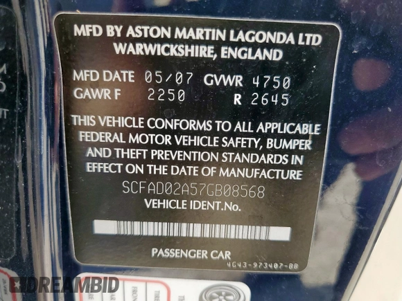 2007 Aston Martin DB9 z VIN SCFAD02A57GB08568, wystawiony jako Copart lot #57238375 z przebiegiem 41 255 mil mil oraz Tytuł czysty. Historia ofert i sprzedaży dostępna na DreamBid. Obrazek 13.