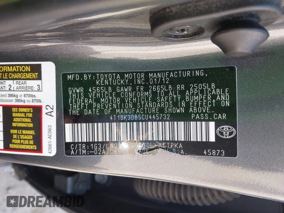 2012 Toyota Avalon with VIN 4T1BK3DB5CU445732, listed as a IAAI auction lot 42003711 with 117,526 mi miles and . Bid and sale history available at DreamBid. Image 9.