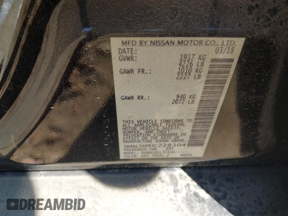 2018 Nissan Altima SR with VIN 1N4AL3AP9JC228304, listed as a IAAI auction lot 41883035 with 53,168 mi miles and . Bid and sale history available at DreamBid. Image 9.