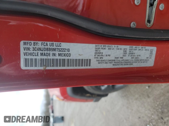 2021 Jeep Compass Altitude with VIN 3C4NJDBB9MT522210, listed as a Copart auction lot 51884765 with 38,768 mi miles and Salvage title. Bid and sale history available at DreamBid. Image 15.