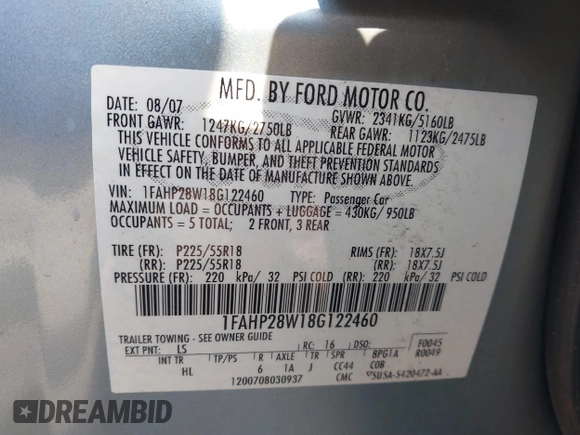 2008 Ford Taurus Limited with VIN 1FAHP28W18G122460, listed as a IAAI auction lot 41716924 with 83,523 mi miles. Bid and sale history available at carsss.com. Image 9.