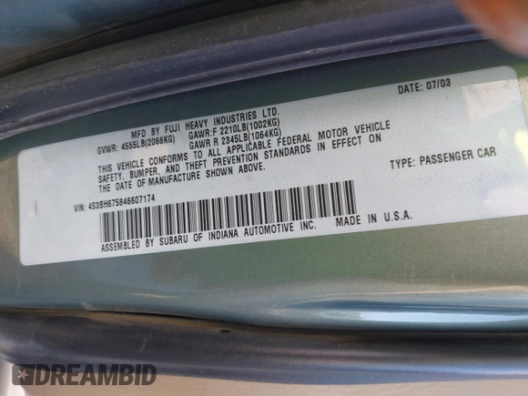 2004 Subaru Legacy Outback with VIN 4S3BH675846607174, listed as a IAAI auction lot 42317131 with 193,669 mi miles and . Bid and sale history available at DreamBid. Image 9.