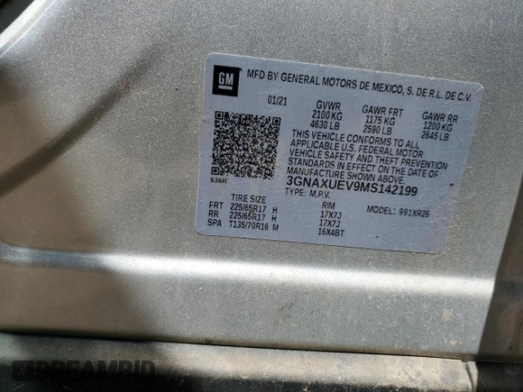 2021 Chevrolet Equinox LT with VIN 3GNAXUEV9MS142199, listed as a Copart auction lot 54331385 with 58,924 mi miles and Salvage title. Bid and sale history available at DreamBid. Image 13.