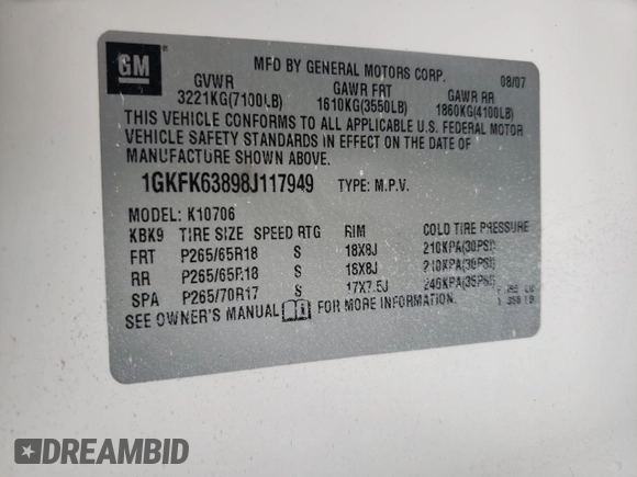 2008 GMC Yukon Denali with VIN 1GKFK63898J117949, listed as a Copart auction lot 52685705 with 179,254 mi miles and Salvage title. Bid and sale history available at DreamBid. Image 15.