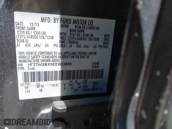 2014 Ford F-250 XL with VIN 1FT7W2BT0EEB23856, listed as a IAAI auction lot 42243239 with 190,479 mi miles and . Bid and sale history available at DreamBid. Image 9.