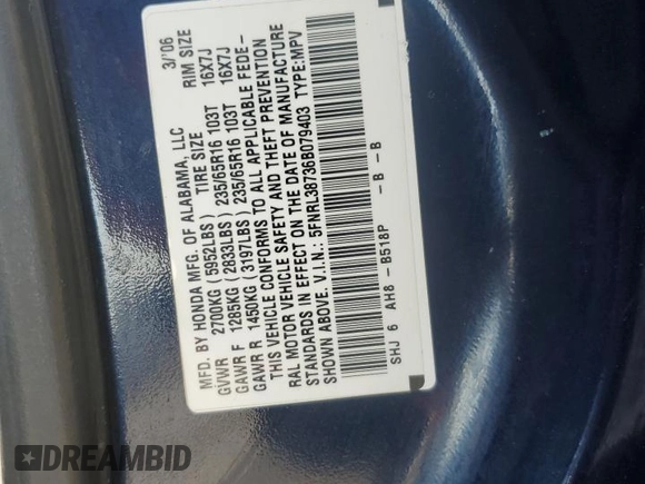 2006 Honda Odyssey EX-L with VIN 5FNRL38736B079403, listed as a Copart auction lot 62375545 with 188,241 mi miles and Clean title. Bid and sale history available at DreamBid. Image 13.