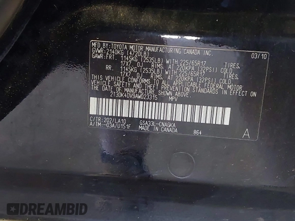 2010 Toyota RAV4 Limited with VIN 2T3DK4DV9AW023315, listed as a IAAI auction lot 42289716 with 210,242 mi miles and . Bid and sale history available at DreamBid. Image 9.