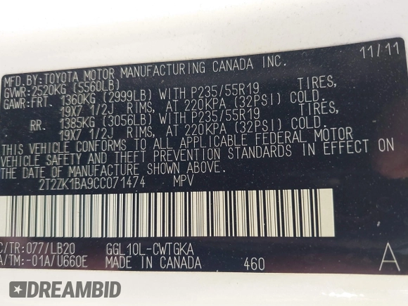 2012 Lexus RX with VIN 2T2ZK1BA9CC071474, listed as a IAAI auction lot 41677965 with 147,163 mi miles and . Bid and sale history available at carsss.com. Image 9.