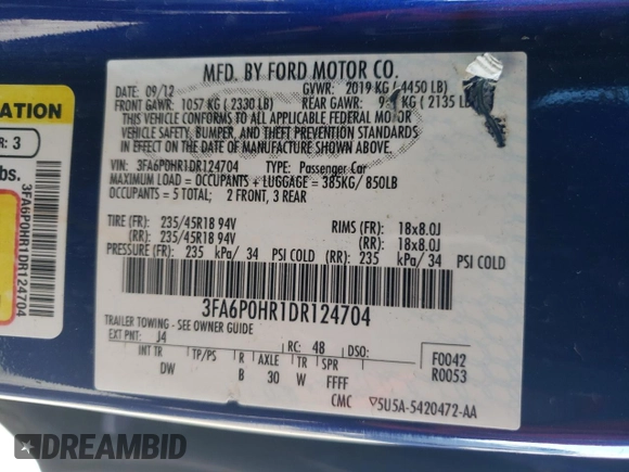 2013 Ford Fusion SE with VIN 3FA6P0HR1DR124704, listed as a Copart auction lot 46500985 with 140,483 mi miles and Salvage Title. Bid and sale history available at DreamBid. Image 14.