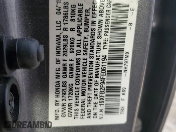 2015 Honda Civic Sedan EX-L with VIN 19XFB2F94FE061194, listed as a Copart auction lot 46219735 with 144,377 mi miles and Clean Title. Bid and sale history available at carsss.com. Image 12.