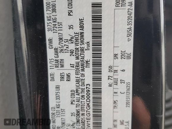 2016 Ford F-150 XLT with VIN 1FTEW1EG7GKD00973, listed as a Copart auction lot 56011785 with 128,344 mi miles and Salvage title. Bid and sale history available at DreamBid. Image 12.