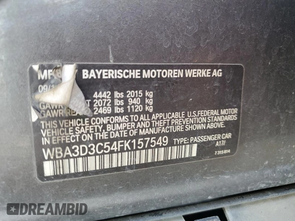 2015 BMW 3 Series 328d with VIN WBA3D3C54FK157549, listed as a Copart auction lot 73788404 with 179,488 mi miles and Salvage title. Bid and sale history available at DreamBid. Image 12.