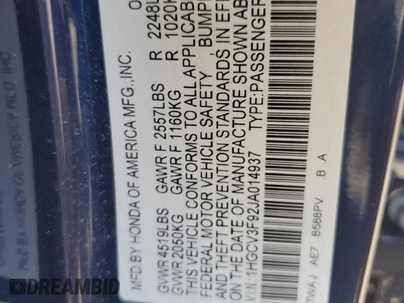 2018 Honda Accord Touring с VIN 1HGCV3F92JA014937, выставлен на аукционе Copart как лот 55520765 с пробегом 71 788 миль миль и Списание • Salvage title. История ставок и продаж доступна на DreamBid. Изображение 12.