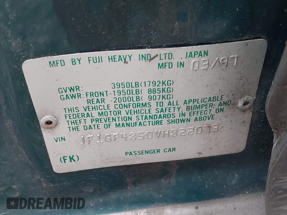 1997 Subaru Impreza Outback Special Sports с VIN JF1GF4850VH822073, выставлен на аукционе IAAI как лот 41820551 с пробегом 104 702 миль миль и . История ставок и продаж доступна на DreamBid. Изображение 9.