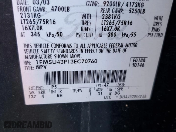 2003 Ford Excursion Limited z VIN 1FMSU43P13EC70760, wystawiony jako Copart lot #86877894 z przebiegiem 311 258 mil mil oraz Szkoda całkowita • Salvage title. Historia ofert i sprzedaży dostępna na DreamBid. Obrazek 14.