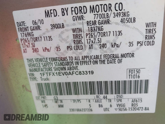 2010 Ford F-150 XL with VIN 1FTFX1EV0AFC83319, listed as a IAAI auction lot 42290517 with 166,472 mi miles and . Bid and sale history available at DreamBid. Image 9.