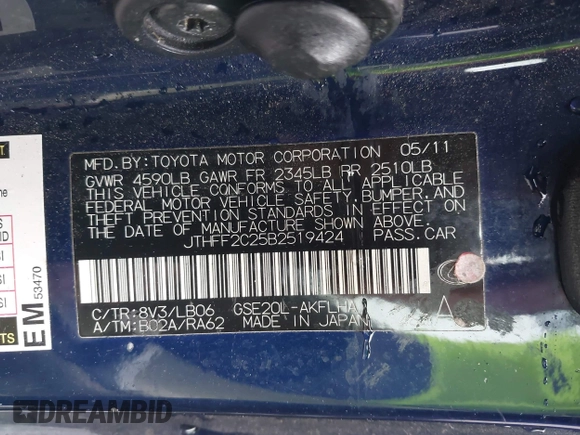 2011 Lexus IS 250 C with VIN JTHFF2C25B2519424, listed as a IAAI auction lot 41523202 with 216,624 mi miles and . Bid and sale history available at DreamBid. Image 9.