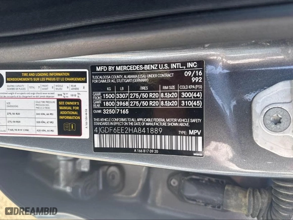 2017 Mercedes-Benz GLS with VIN 4JGDF6EE2HA841889, listed as a IAAI auction lot 42018420 with 168,629 mi miles. Bid and sale history available at carsss.com. Image 9.