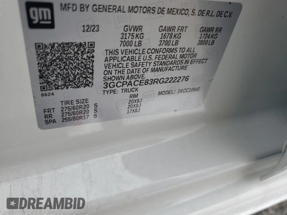 2024 Chevrolet Silverado 1500 with VIN 3GCPACE83RG222276, listed as a Copart auction lot 51839975 with 12,996 mi miles and Salvage Title. Bid and sale history available at DreamBid. Image 13.