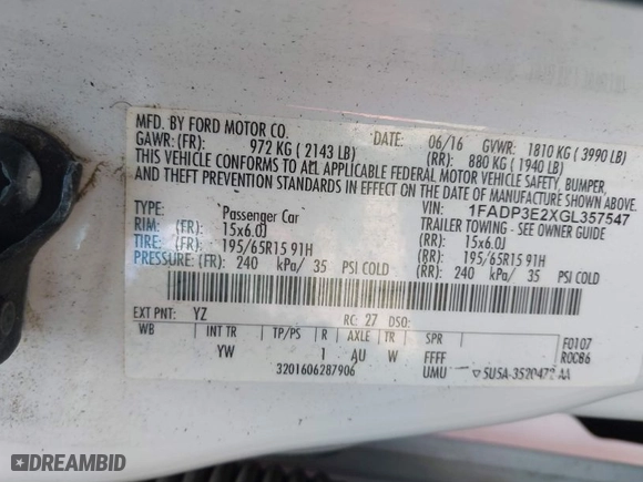 2016 Ford Focus S with VIN 1FADP3E2XGL357547, listed as a IAAI auction lot 42037636 with 254,349 mi miles. Bid and sale history available at carsss.com. Image 9.