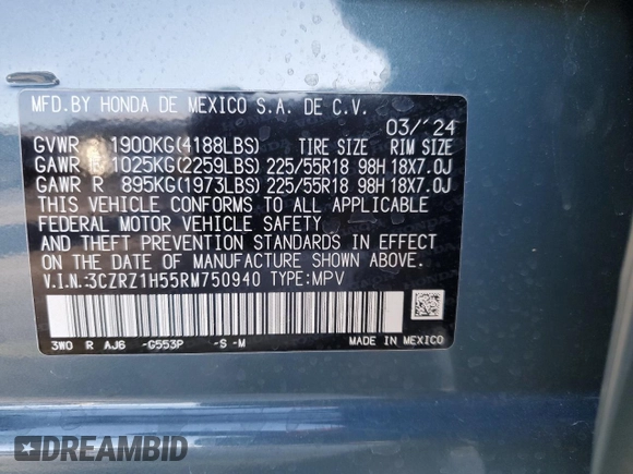 2024 Honda HR-V Sport with VIN 3CZRZ1H55RM750940, listed as a Copart auction lot 46476805 with 2,936 mi miles and Salvage Title. Bid and sale history available at DreamBid. Image 13.