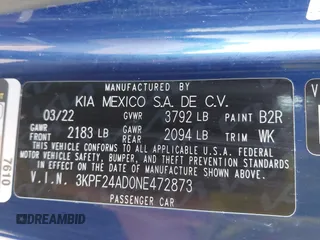 2022 Kia Forte LXS with VIN 3KPF24AD0NE472873, listed as a IAAI auction lot 41359704 with 58,822 mi miles and . Bid and sale history available at DreamBid. Image 9.