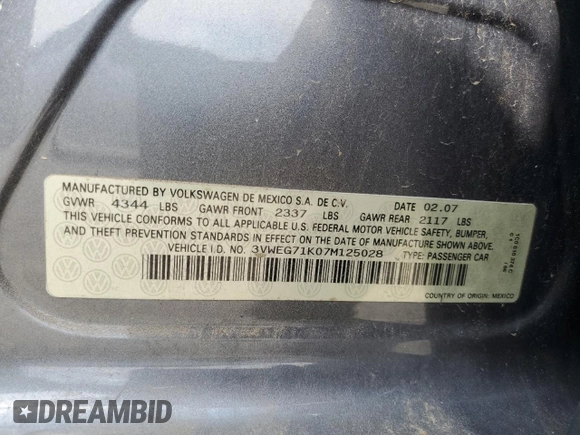 2007 Volkswagen Jetta Wolfsburg Edition z VIN 3VWEG71K07M125028, wystawiony jako Copart lot #53206765 z przebiegiem 53 735 mil mil oraz Czysty tytuł • Clean title. Historia ofert i sprzedaży dostępna na DreamBid. Obrazek 12.