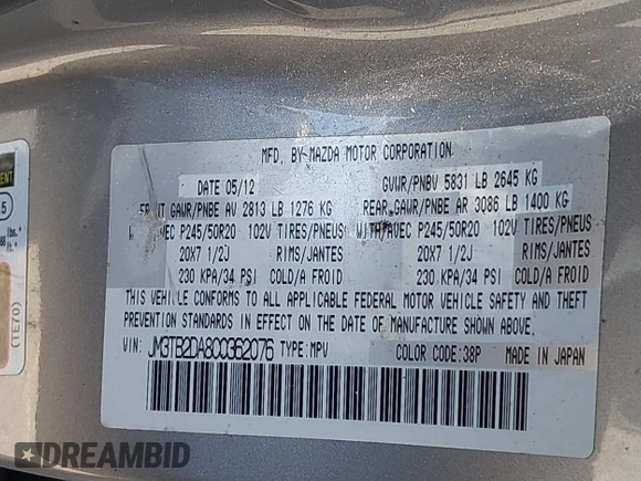 2012 Mazda CX-9 Grand Touring with VIN JM3TB2DA8C0362076, listed as a IAAI auction lot 42003392 with 125,927 mi miles. Bid and sale history available at carsss.com. Image 9.