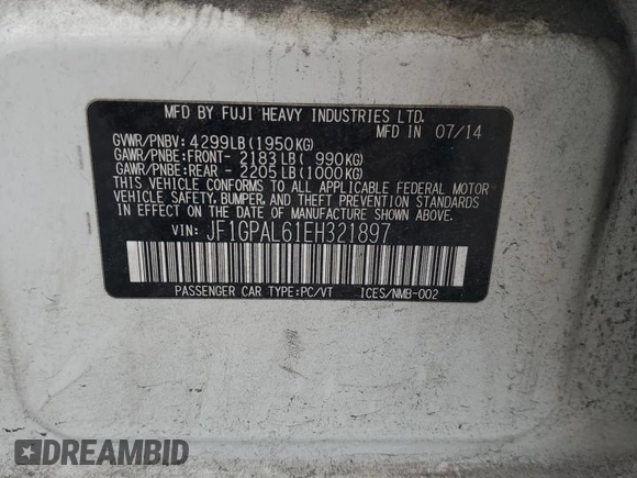 2014 Subaru Impreza Special Sports Premium с VIN JF1GPAL61EH321897, выставлен на аукционе Copart как лот 57119965 с пробегом 118 996 миль миль и Списание • Salvage title. История ставок и продаж доступна на DreamBid. Изображение 12.