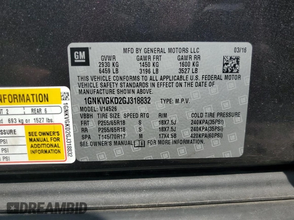 2016 Chevrolet Traverse LT with VIN 1GNKVGKD2GJ318832, listed as a Copart auction lot 59495365 with 125,299 mi miles and Salvage title. Bid and sale history available at DreamBid. Image 13.