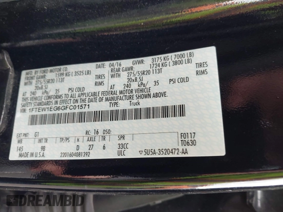 2016 Ford F-150 XLT z VIN 1FTEW1EG6GFC01571, wystawiony jako IAAI lot #41706154 z przebiegiem 166 211 mil mil oraz . Historia ofert i sprzedaży dostępna na DreamBid. Obrazek 9.