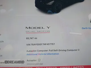 2022 Tesla Model Y Performance z VIN 7SAYGDEF7NF457757, wystawiony jako IAAI lot #42263449 z przebiegiem 65 747 mil mil oraz . Historia ofert i sprzedaży dostępna na DreamBid. Obrazek 7.