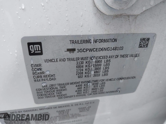 2022 Chevrolet Silverado 1500 LT with VIN 3GCPWCED6NG148103, listed as a IAAI auction lot 41315507 with 52,560 mi miles and . Bid and sale history available at DreamBid. Image 9.