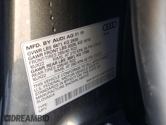 2019 Audi Q8 Premium Plus with VIN WA1EVAF15KD025205, listed as a Copart auction lot 84956594 with 0 mi miles and Salvage Title. Bid and sale history available at carsss.com. Image 14.
