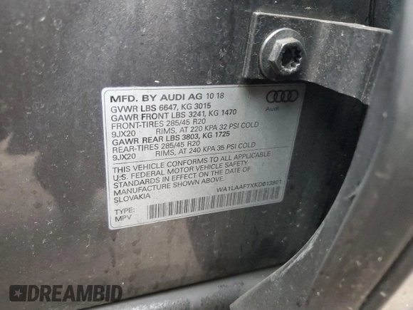2019 Audi Q7 Premium Plus with VIN WA1LAAF7XKD013901, listed as a Copart auction lot 47856365 with 87,419 mi miles and Salvage Title. Bid and sale history available at carsss.com. Image 13.