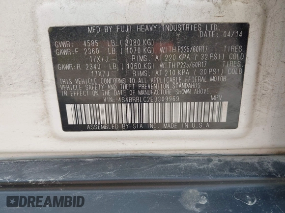 2014 Subaru Outback Limited with VIN 4S4BRBLC2E3309969, listed as a IAAI auction lot 42782324 with 187,771 mi miles and . Bid and sale history available at DreamBid. Image 9.