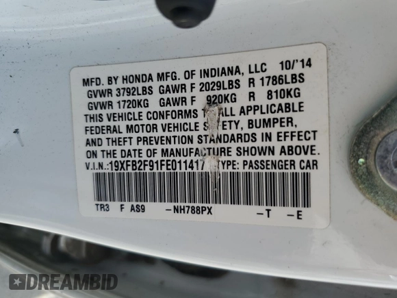 2015 Honda Civic EX-L z VIN 19XFB2F91FE011417, wystawiony jako Copart lot #55143755 z przebiegiem 134 653 mil mil oraz Szkoda całkowita • Salvage title. Historia ofert i sprzedaży dostępna na DreamBid. Obrazek 12.