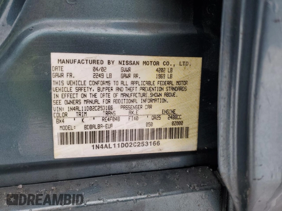 2002 Nissan Altima S with VIN 1N4AL11D02C253166, listed as a Copart auction lot 46522135 with 188,940 mi miles and Salvage Title. Bid and sale history available at carsss.com. Image 13.