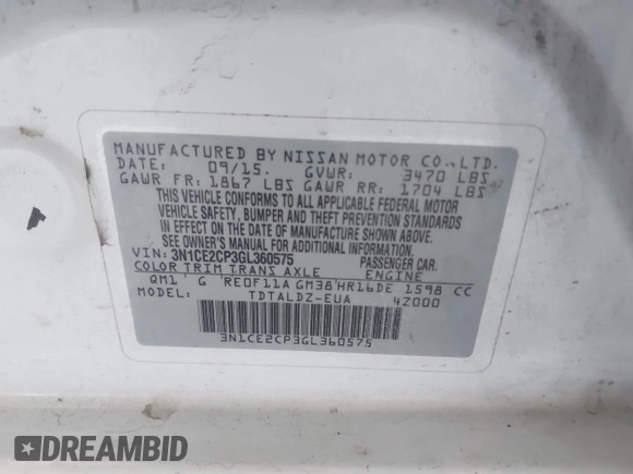 2016 Nissan Note S with VIN 3N1CE2CP3GL360575, listed as a IAAI auction lot 42505627 with 164,675 mi miles and . Bid and sale history available at DreamBid. Image 9.