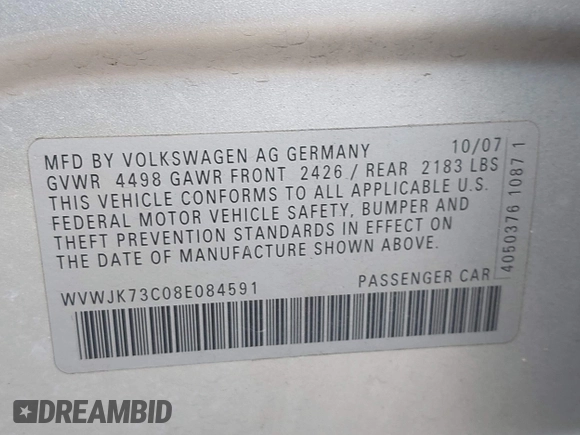2008 Volkswagen Passat Turbo with VIN WVWJK73C08E084591, listed as a IAAI auction lot 42506443 with 140,360 mi miles and . Bid and sale history available at DreamBid. Image 9.