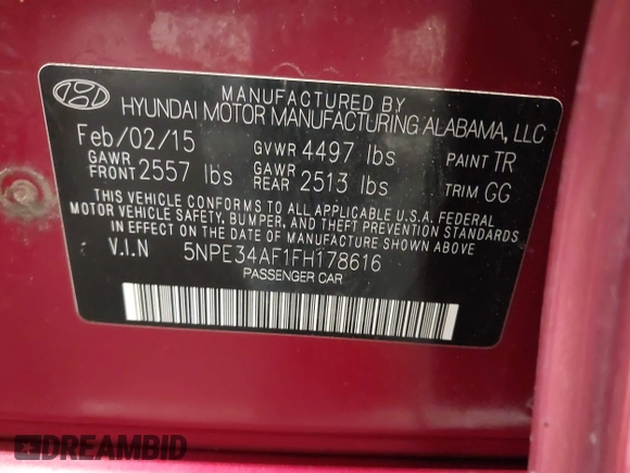 2015 Hyundai Sonata Sport with VIN 5NPE34AF1FH178616, listed as a IAAI auction lot 42123537 with 170,396 mi miles and . Bid and sale history available at DreamBid. Image 9.