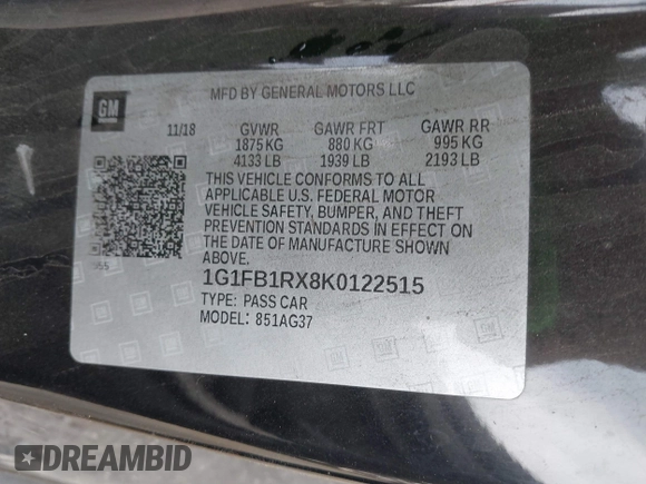 2019 Chevrolet Camaro 1LS with VIN 1G1FB1RX8K0122515, listed as a IAAI auction lot 41461519 with 118,339 mi miles. Bid and sale history available at carsss.com. Image 9.