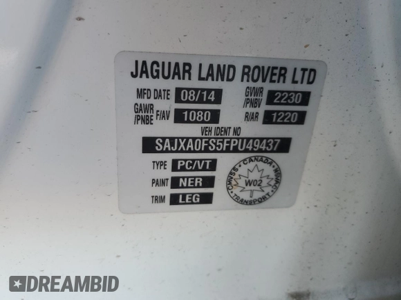 2015 Jaguar XF with VIN SAJXA0FS5FPU49437, listed as a Copart auction lot 84757254 with 99,301 mi miles and Salvage Title. Bid and sale history available at DreamBid. Image 12.