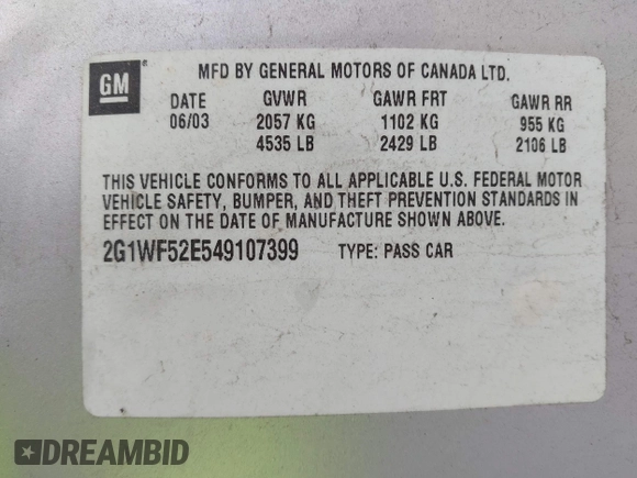 2004 Chevrolet Impala with VIN 2G1WF52E549107399, listed as a IAAI auction lot 41969935 with 190,316 mi miles. Bid and sale history available at carsss.com. Image 9.