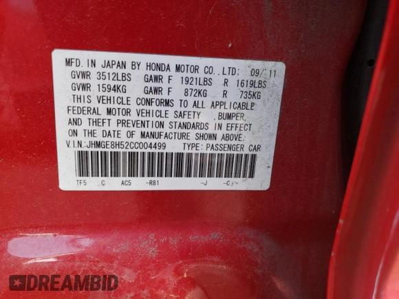 2012 Honda Fit Sport с VIN JHMGE8H52CC004499, выставлен на аукционе Copart как лот 41480225 с пробегом 45 937 миль миль и Списание • Salvage title. История ставок и продаж доступна на DreamBid. Изображение 12.