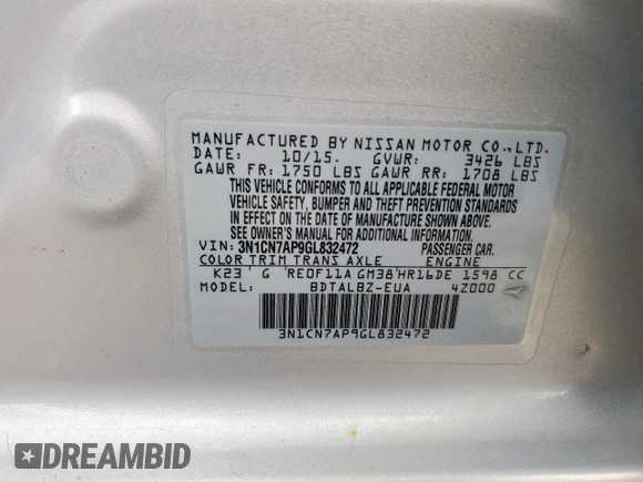 2016 Nissan Versa S with VIN 3N1CN7AP9GL832472, listed as a Copart auction lot 57398035 with 71,349 mi miles and Salvage title. Bid and sale history available at DreamBid. Image 12.