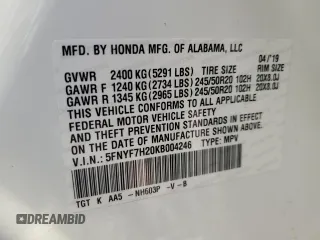 2019 Honda Passport Sport with VIN 5FNYF7H20KB004246, listed as a Copart auction lot 81797484 with 65,624 mi miles and Salvage Title. Bid and sale history available at carsss.com. Image 15.