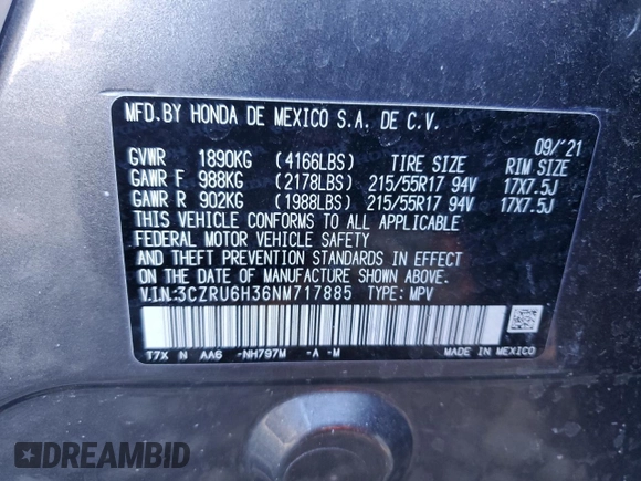 2022 Honda HR-V LX with VIN 3CZRU6H36NM717885, listed as a Copart auction lot 42835445 with 0 mi miles and Salvage Title. Bid and sale history available at carsss.com. Image 14.