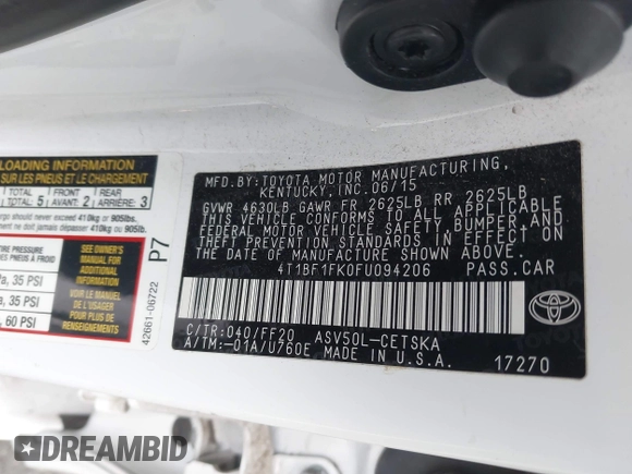 2015 Toyota Camry XLE with VIN 4T1BF1FK0FU094206, listed as a IAAI auction lot 42071968 with 110,165 mi miles. Bid and sale history available at carsss.com. Image 9.
